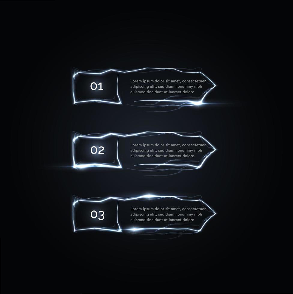 Three electric pulses or lightnings, steps vector buttons, arrows to the right. One of the options choice, sequence of actions. Infographic element on black background.