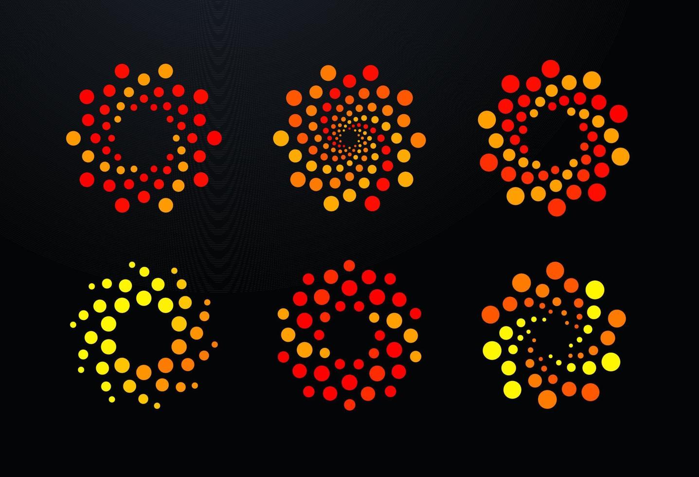 Bubbles points dots logo set, orange spiral round logos template. Abstract hurricane, vortex, sun, hot wheel sign, network connection icon, virus, flowers symbol. Tech and science vector logotype.