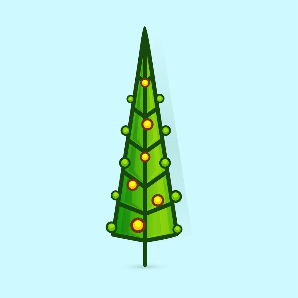 Christmas tree vector icon. Decorated tree in flat line art style. Green pine for design of greeting cards and invitations to New Year holidays and Christmas. Cartoon coniferous vector illustration.