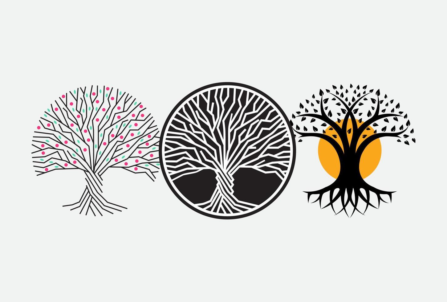 Trunk, root, and branches of tree vector round logo concept. Forest isolated icon on white background. Wisdom symbol for education graphic or business.