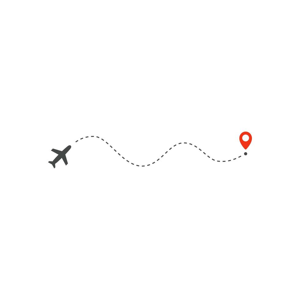 Plane way icon, airplane wave path direction and destination red point, logo design template, holiday trip vector illustration template on white background.