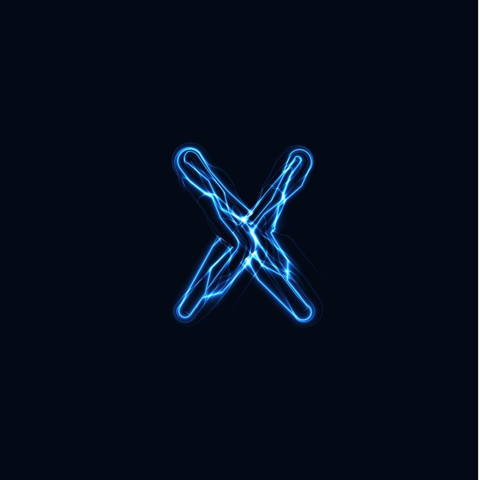 Lightning Realistic letter X, bright gloving logo, electric energy glow style symbol, blue tesla plasma type sign. Thunderbolt vector illustration, typography design