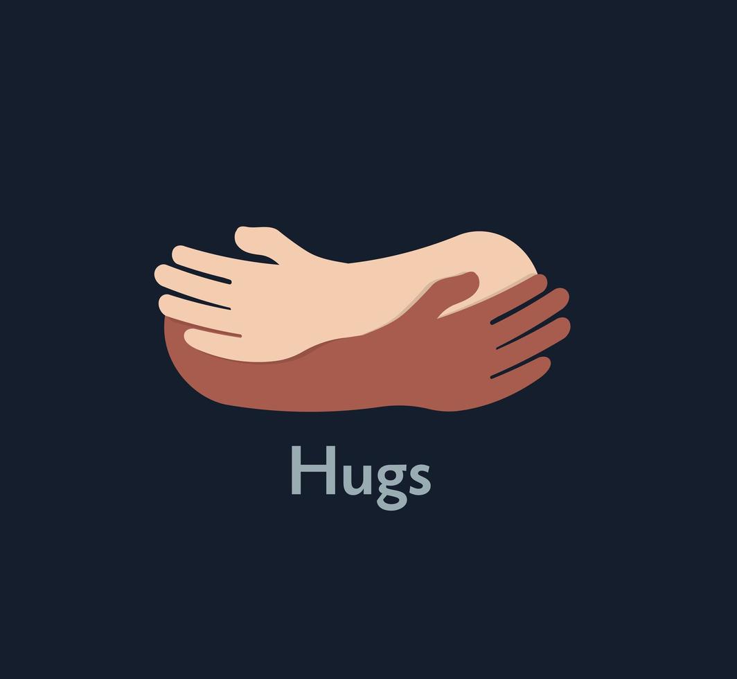 Human hugs hugging hands support and love symbol hugged arms girth silhouette unity and warmth feeling, flat vector illustration, logo template.