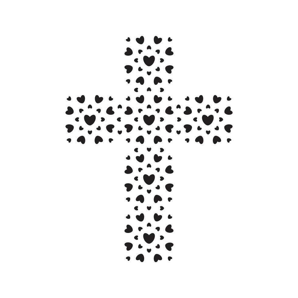 Christian symbol, black hearts cross icon. God is love sign. Church logo template. Isolated vector illustration.
