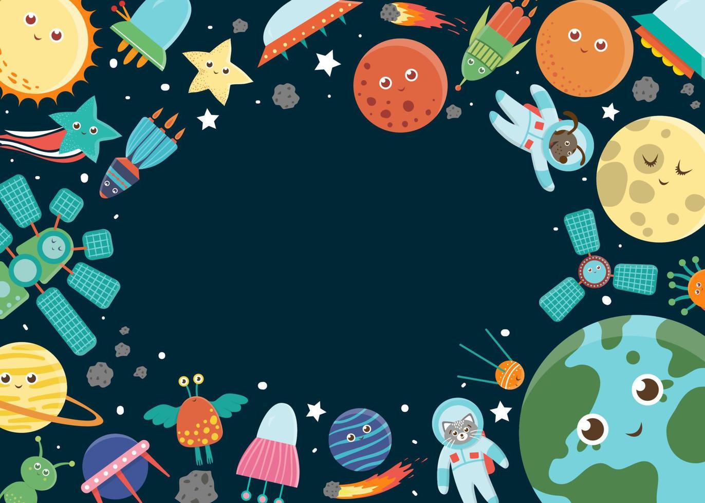 plantilla de marco de espacio vectorial. banner horizontal con galaxia, estrellas, planetas, cohete para niños. linda ilustración plana vector