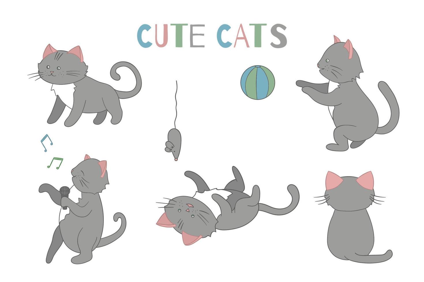 Vector set of cute cartoon style cat in different poses. Animal character illustration for children. Hand drawn line drawings of funny kitten. Big collection of pets for kids, coloring, animation.