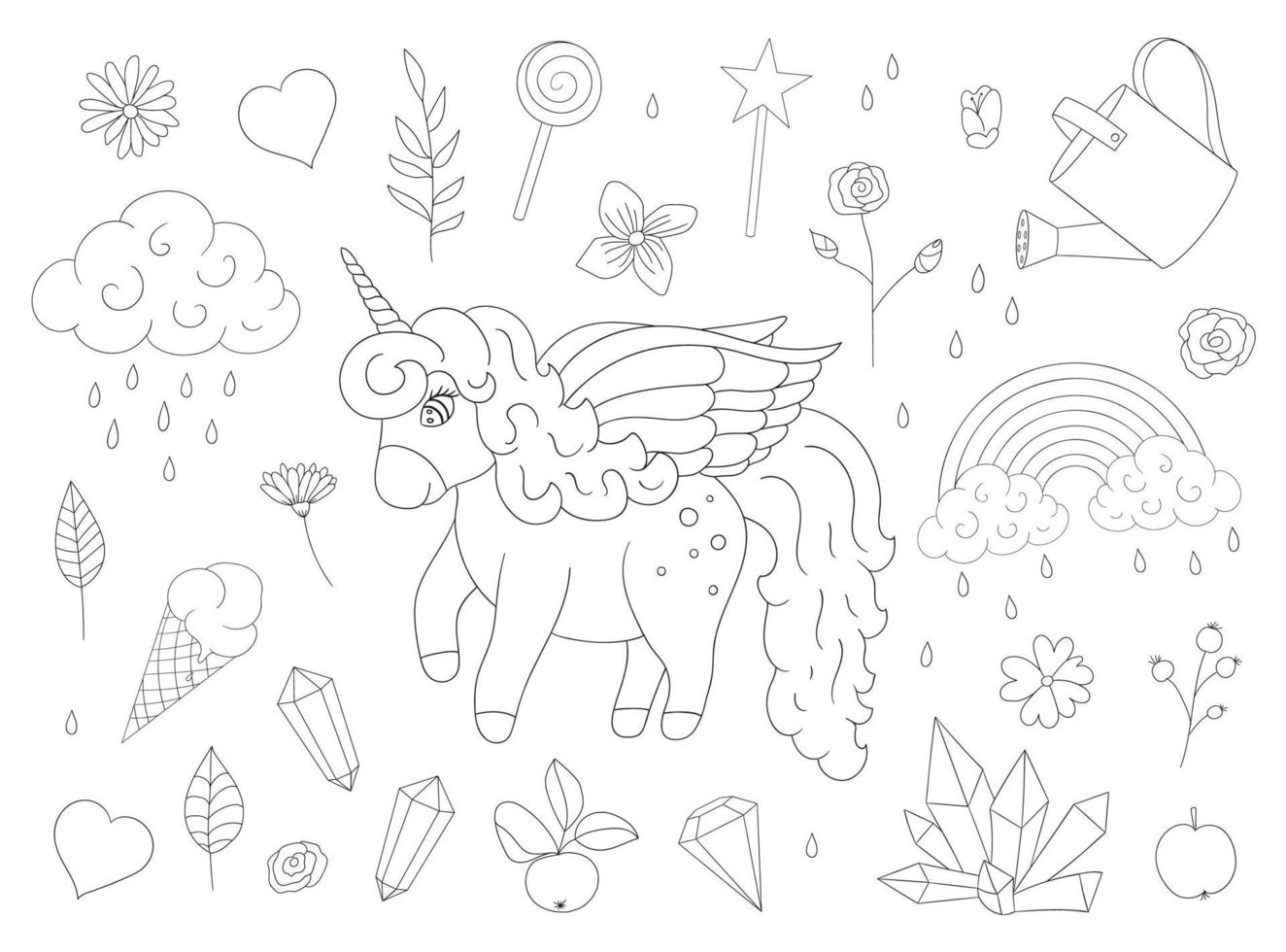 Vector set of cute unicorns, rainbow, clouds, crystals, hearts, flowers outlines. Sweet girlish illustration. Line drawing of fairytale magic garden. Good for textile, stationery, prints