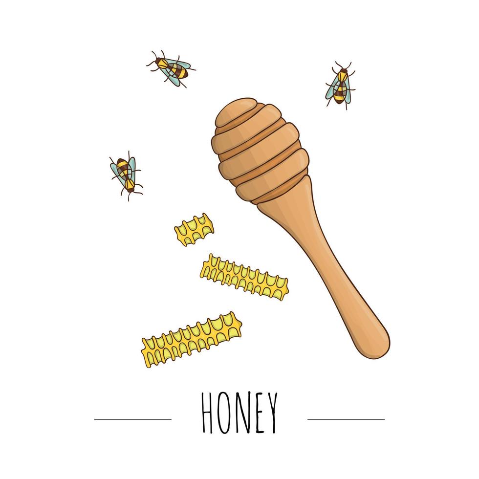 Vector illustration of honey spoon, combs, bees. Banner, card, template, sign, signboard or poster for home made honey shop. Honey themed icon, logo or sign.