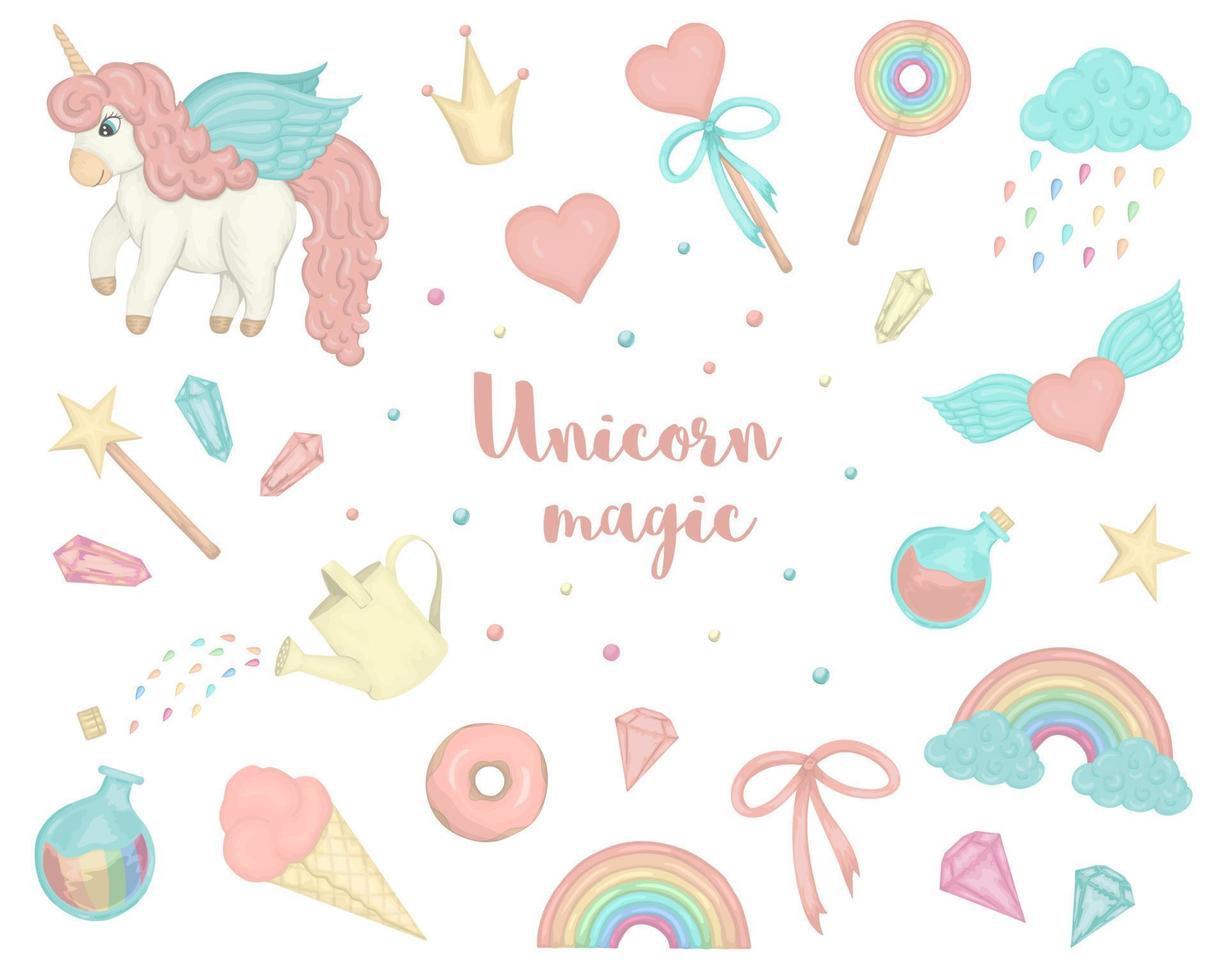 vector conjunto de lindos unicornios de estilo acuarela, arco iris, nubes, donas, corona, cristales, corazones. dulce ilustración de niña. fondo de repetición de cuento de hadas. bueno para textiles, papelería