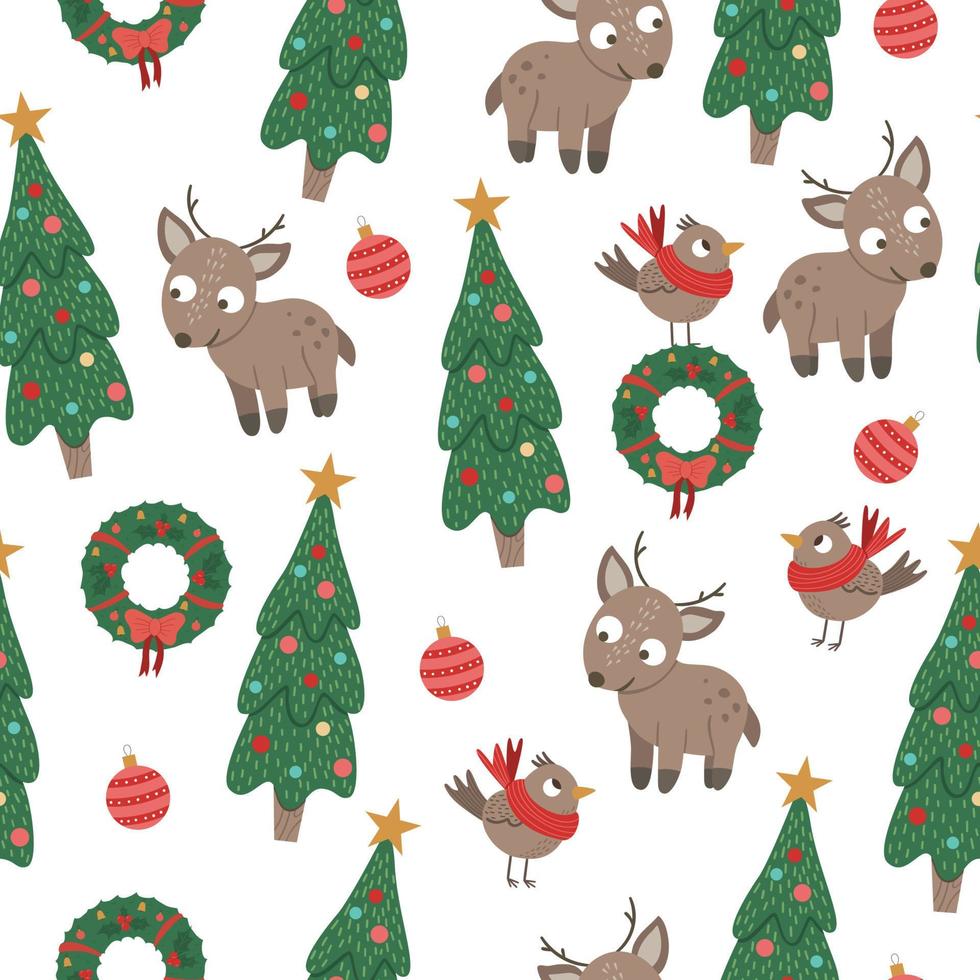 Vector seamless pattern of Christmas elements with baby deer, decorated Christmas tree, bird, wreath. Cute funny repeat background of new year symbols. Christmas flat style picture for decorations