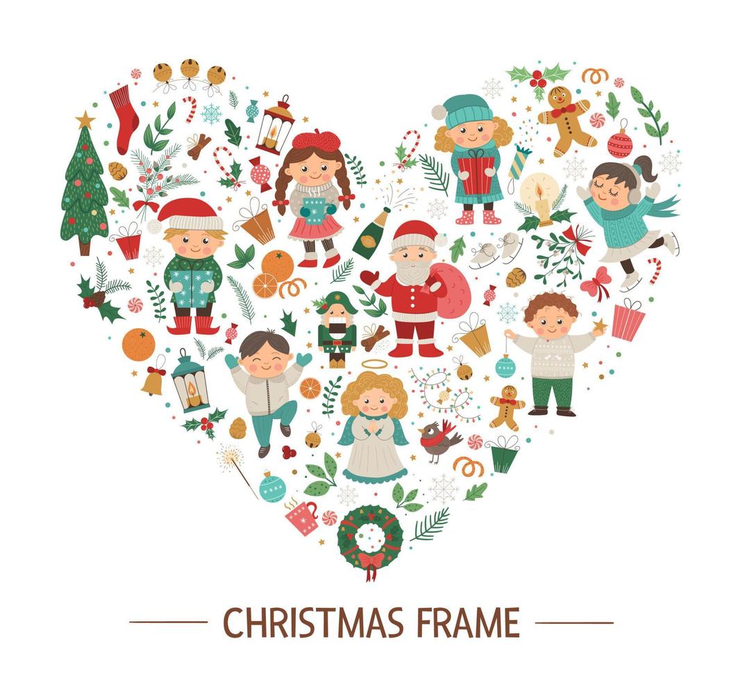 Vector Christmas round frame with children, Santa Claus, Angel on dark blue background. Holiday themed banner or invitation framed in heart shape. Cute funny New Year card template.