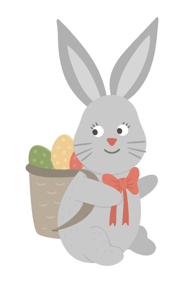 Vector illustration of cute bunny carrying a basket with colored egg isolated on white background. Easter traditional animal and design element. Cute spring icon picture.