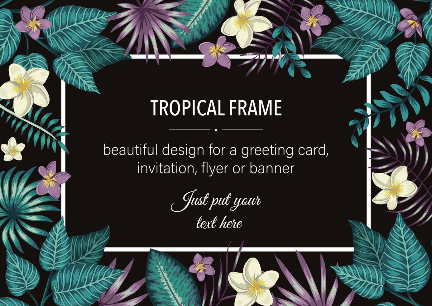 Vector frame template with tropical white and purple leaves and flowers on black background. Horizontal layout card with place for text. Spring or summer design for invitation, wedding