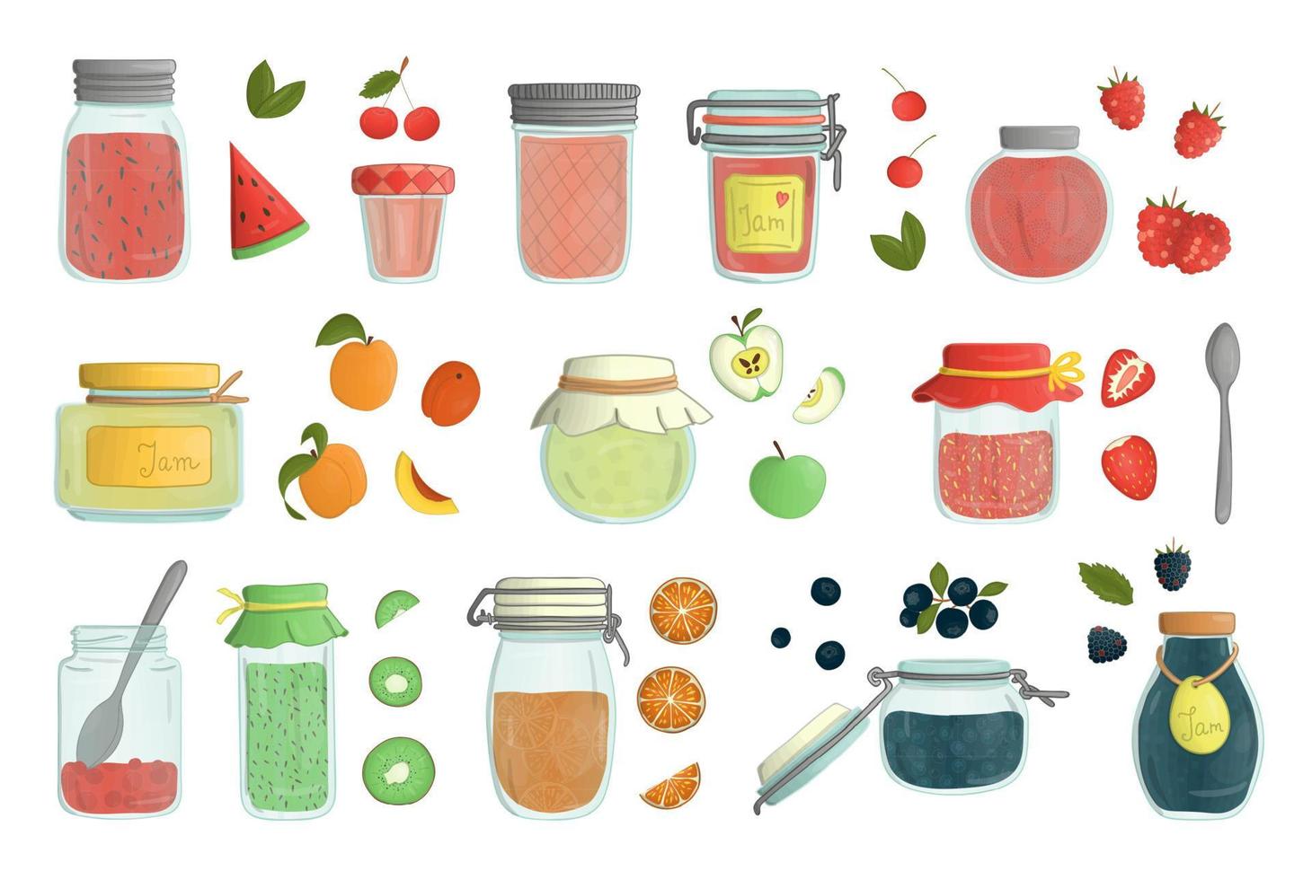 Vector set of colored glass jam jars watercolor style isolated on white background. Colorful collection of preserved food in pots with fruit and berries.