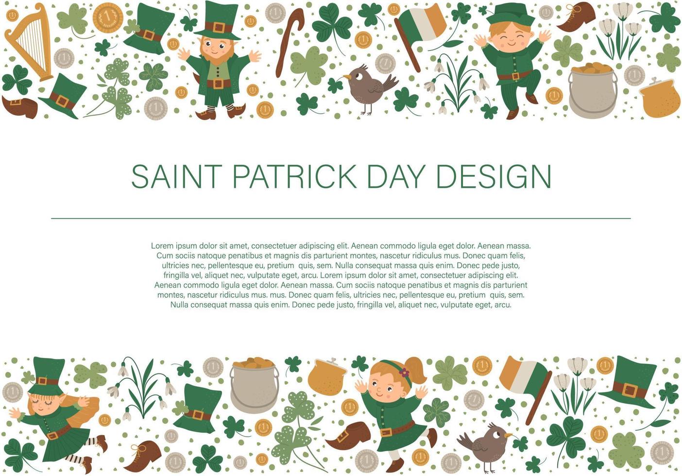 Vector Saint Patrick Day horizontal layout frame border with leprechaun, shamrock isolated on white background. Irish holiday themed banner or invitation with place for text. Cute funny spring card