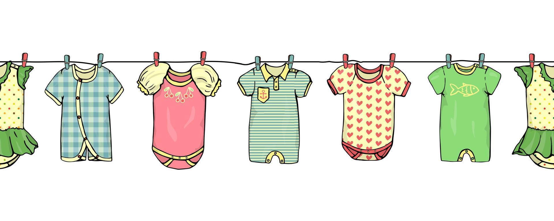 Vector seamless border pattern of baby clothes on washing line. Bright children clothes repeat pattern. Vector seamless horizontal background suitable for websites