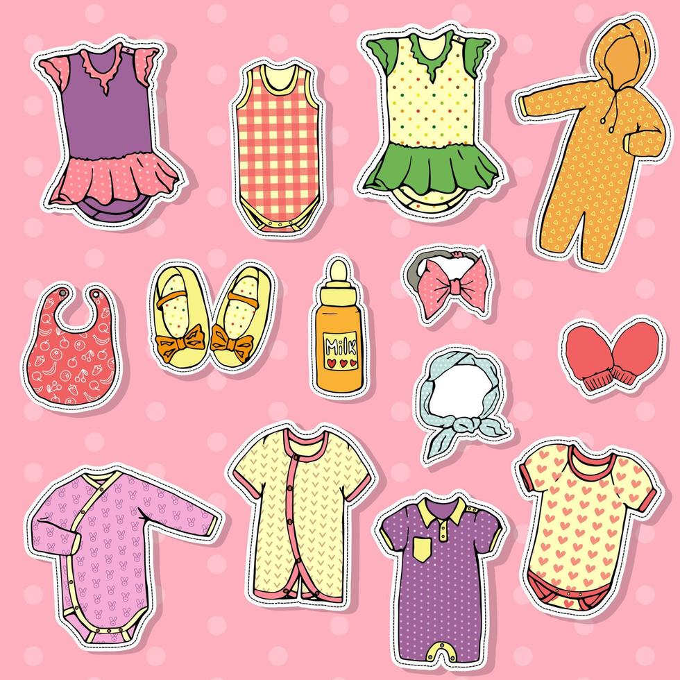 Vector set of baby clothes stickers. Stylish baby outfit set isolated on pink polka-dot background