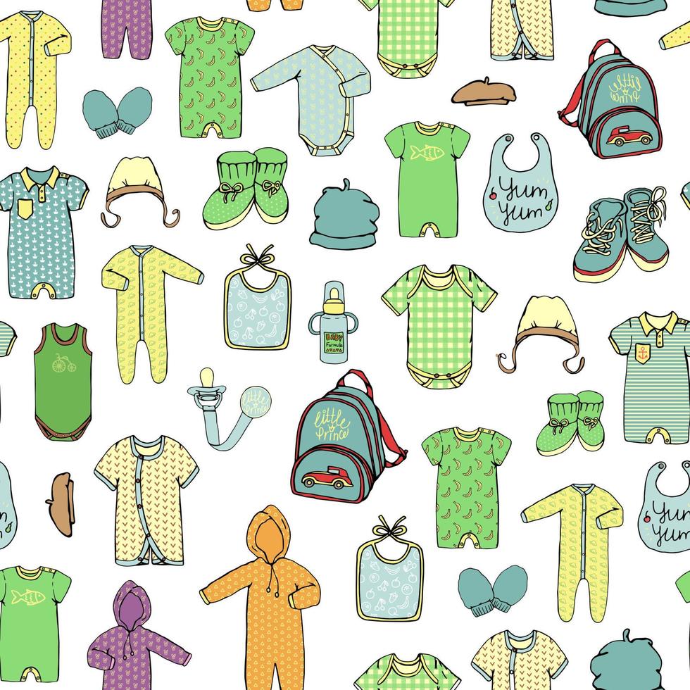 Vector seamless pattern of children's clothes. Bright kids' clothes repeat pattern isolated on white background. Baby boy's outfit set