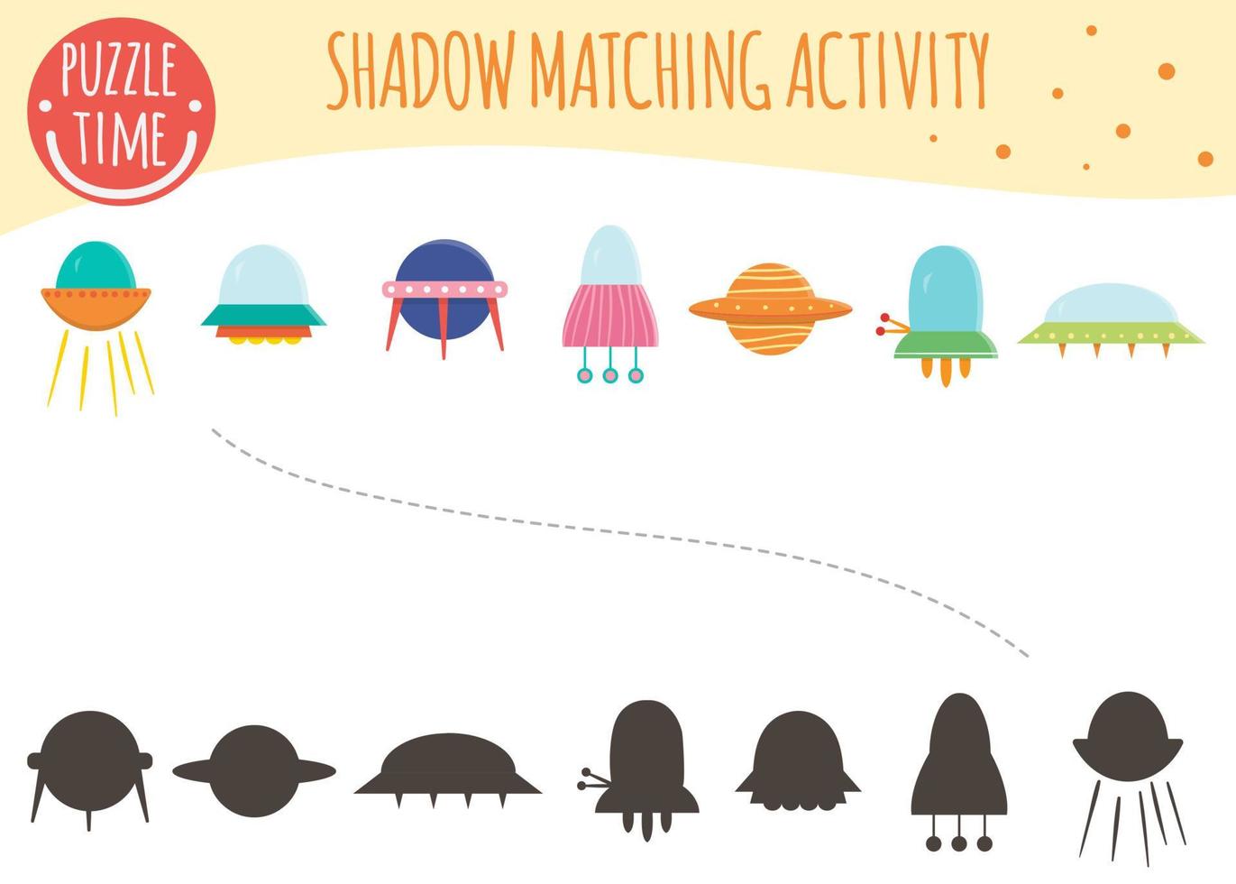 Shadow matching activity for children. Space topic. Cute funny ufo and flying saucers. vector