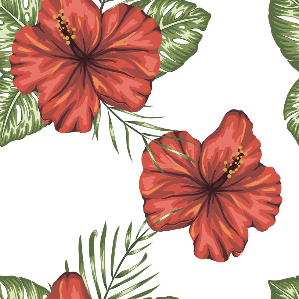 Vector seamless pattern of green tropical leaves with red hibiscus flowers on pink background. Summer or spring repeat tropical backdrop. Trendy exotic jungle ornament.