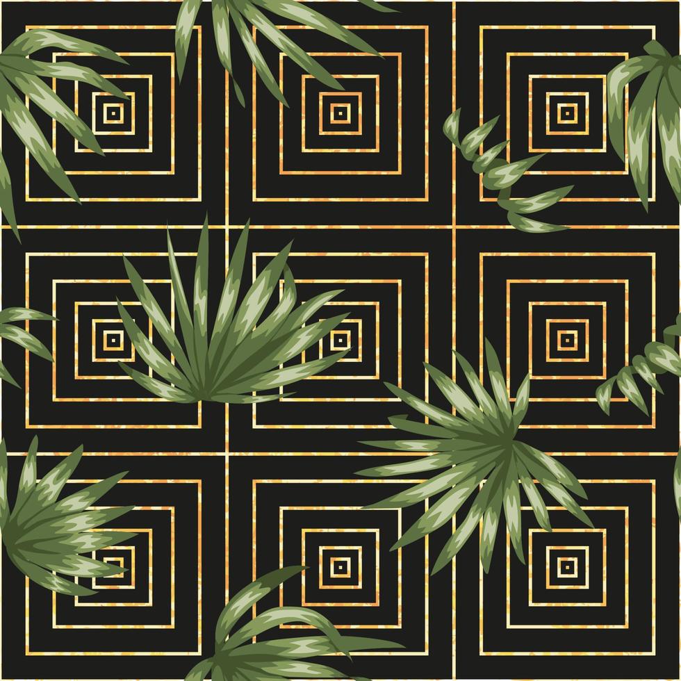 Vector seamless geometric pattern with green palm tree leaves on black background with golden texture. Repeat tropical backdrop. Trendy exotic jungle wallpaper.