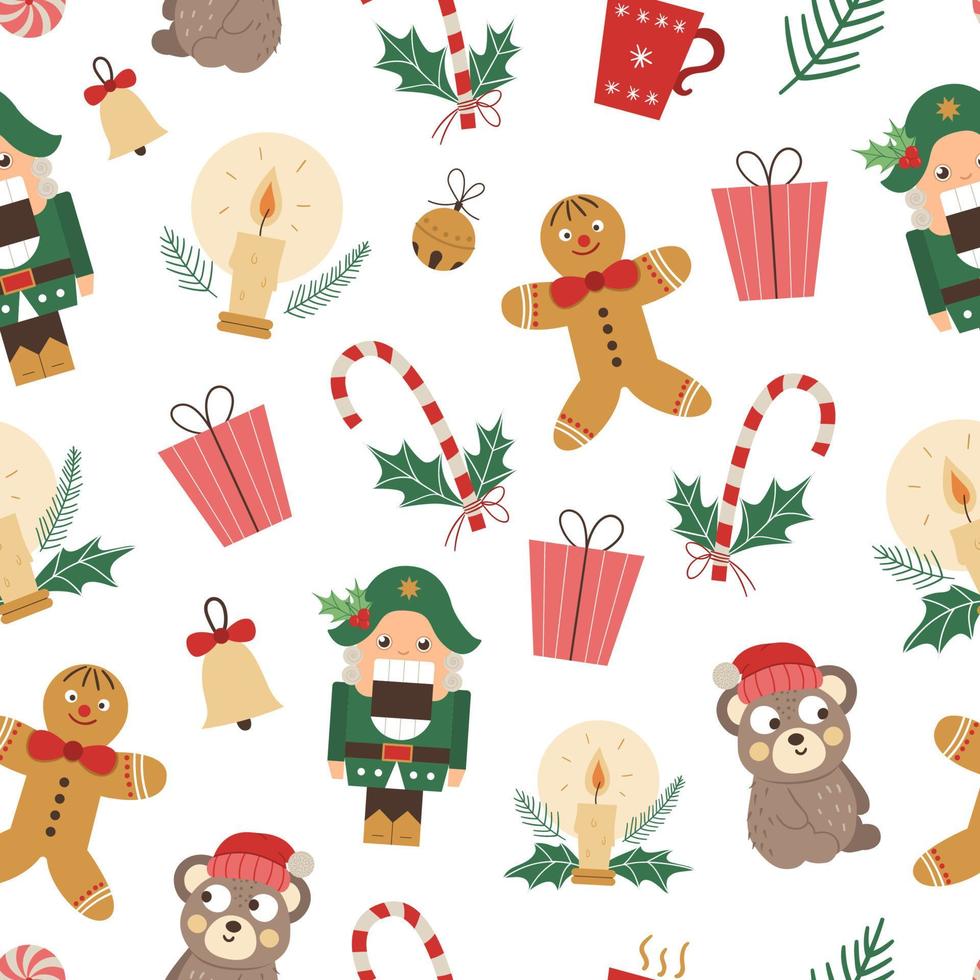 Vector seamless pattern of Christmas elements with Nutcracker, Gingerbread man, funny bear in red hat. Cute funny repeat background of new year symbols. Christmas flat style picture for decorations