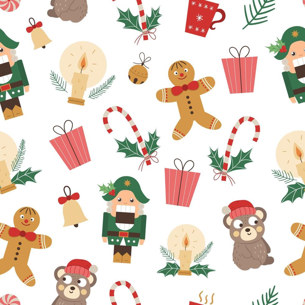 Vector seamless pattern of Christmas elements with Nutcracker, Gingerbread man, funny bear in red hat. Cute funny repeat background of new year symbols. Christmas flat style picture for decorations