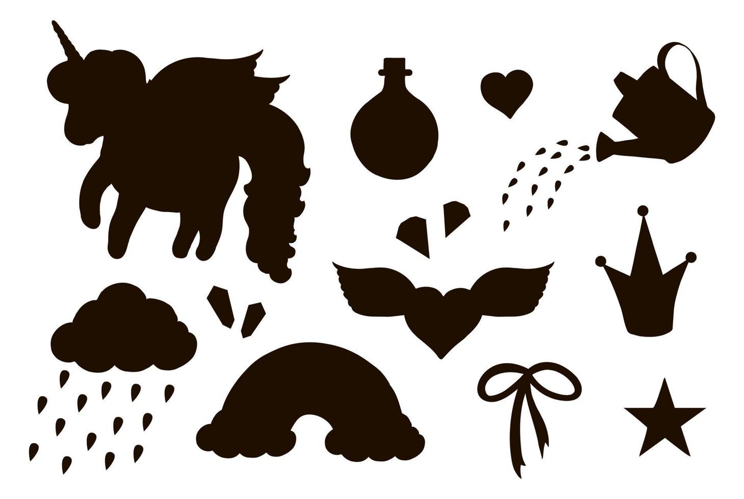 Vector set of girlish unicorn themed silhouettes. Black and white illustration of rainbow, cloud, bow, potion, crystals. Funny cute magic fairytale stencils.