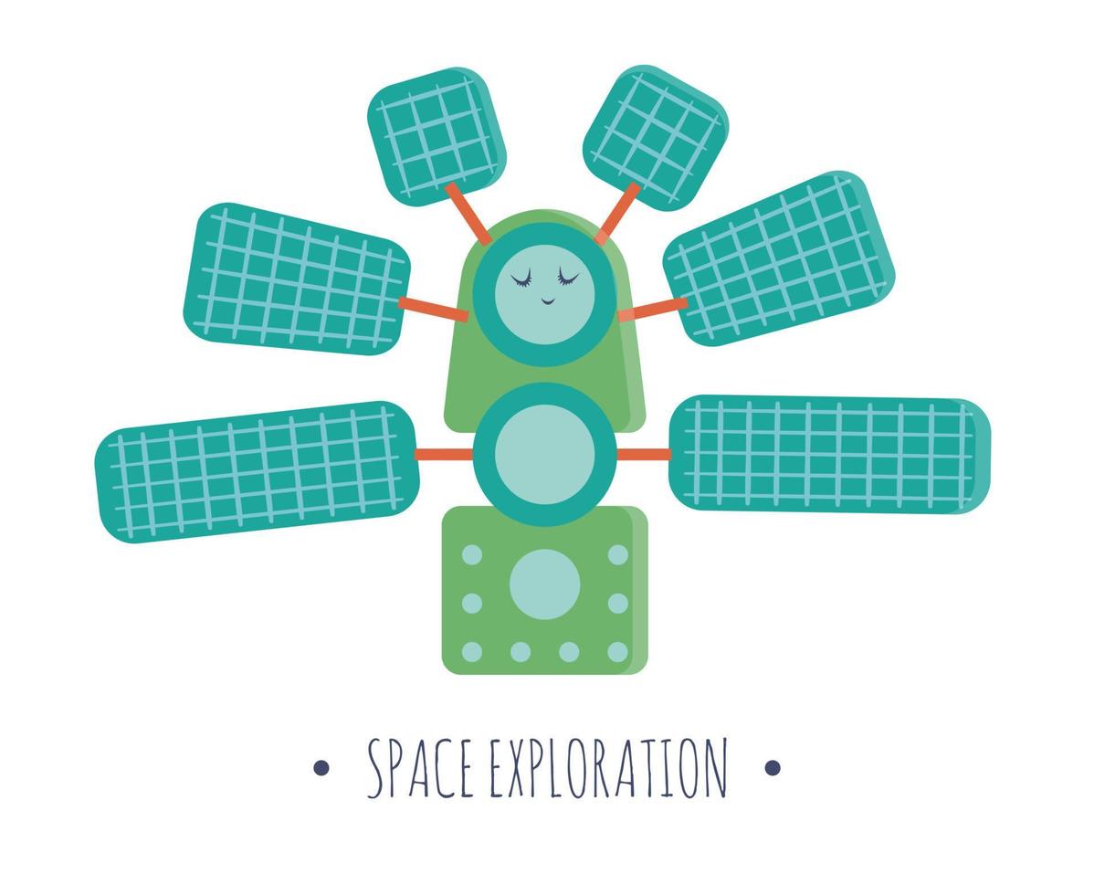 Vector space station illustration for children. Bright and cute flat picture of smiling technics isolated on white background. Space exploration concept.