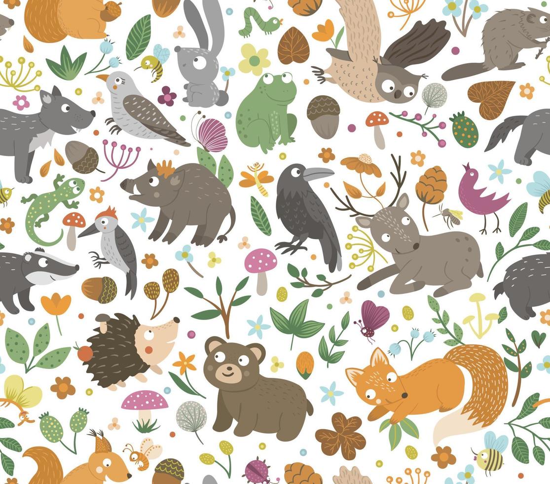 Vector seamless pattern with hand drawn flat funny animals. Cute repeat background with forest creatures. Sweet woodland ornament for children design