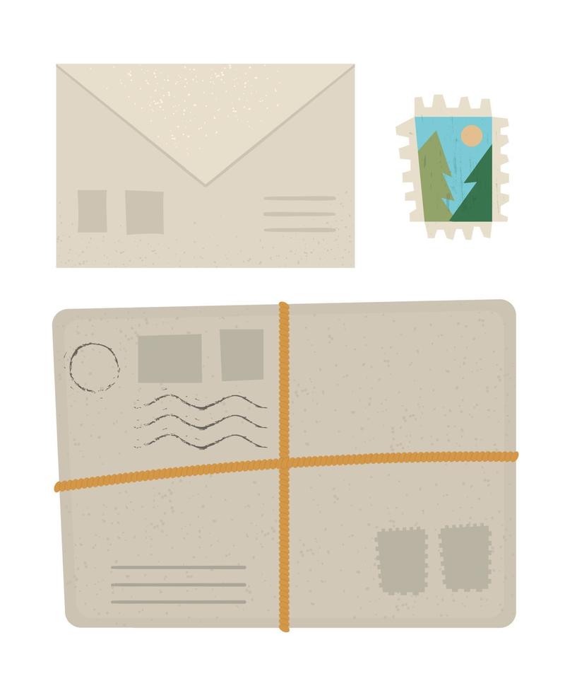 Vector flat illustration of a parcel, letter and stamp. Post objects icon isolated on white background. Stationery or vacation infographic element.