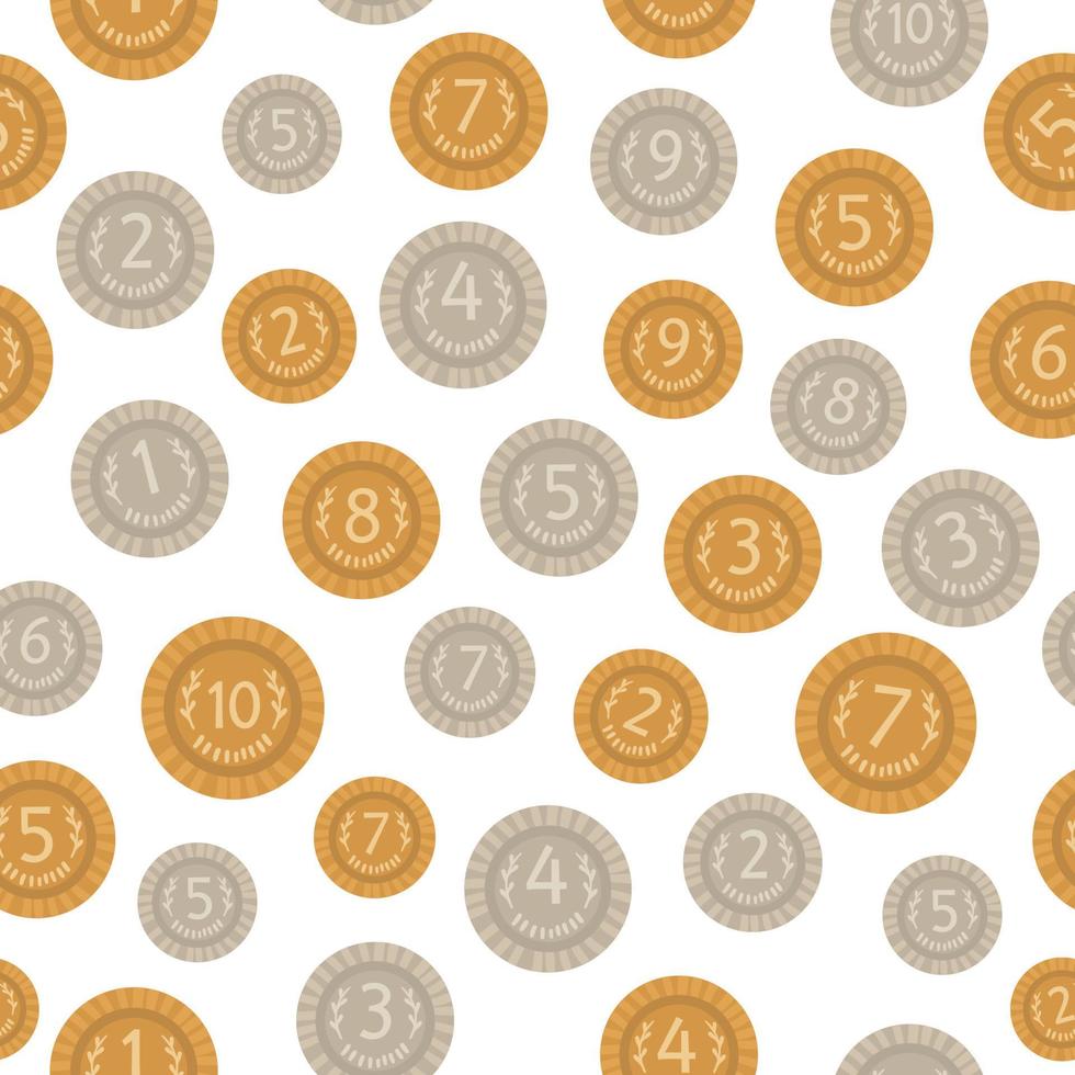 Vector seamless pattern with cartoon style coins. Silver and gold money symbols background. Illustration with numbers for counting, math or business activity.