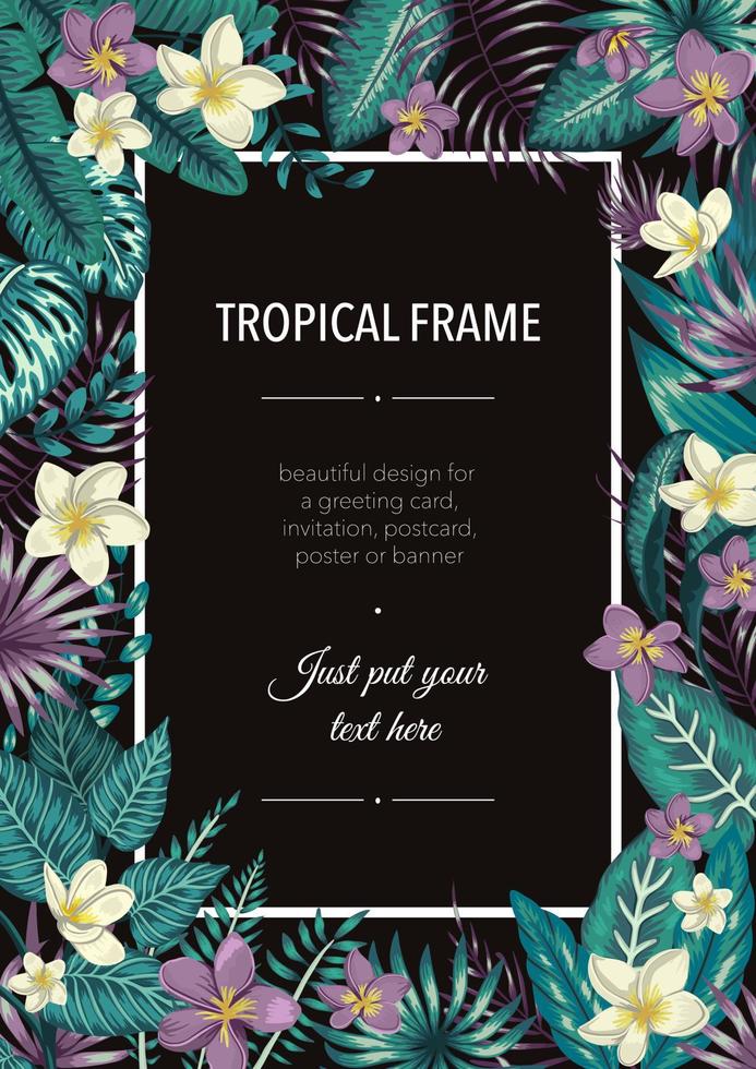 plantilla de marco de vector con hojas tropicales blancas y púrpuras y flores sobre fondo negro. tarjeta de diseño vertical con lugar para texto. diseño de primavera o verano para invitación, boda, fiesta