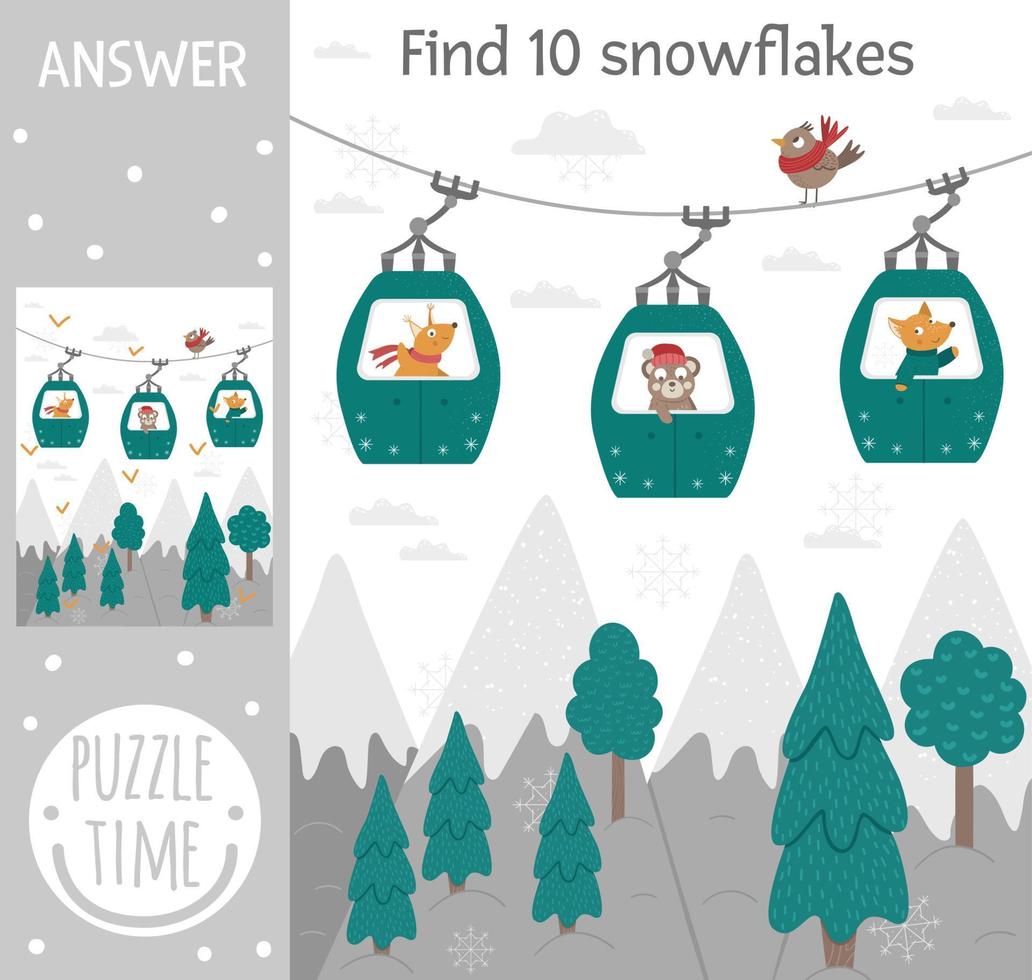 Winter searching game for children with mountains, forest, trees, animals in funicular cable cars. Cute funny smiling characters. Find hidden snowflakes. vector