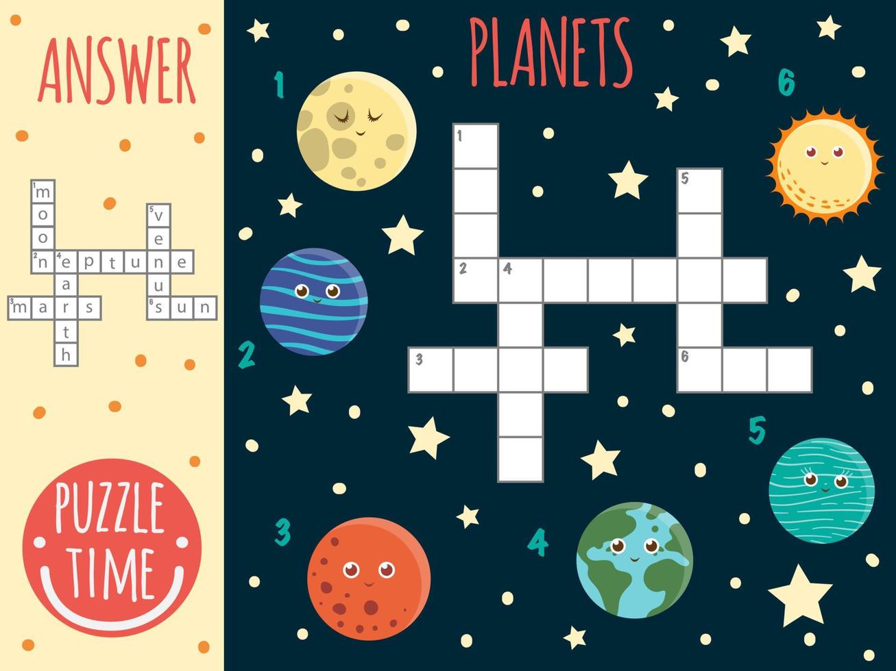 crucigrama de espacio vectorial. concurso brillante y colorido para niños. actividad de rompecabezas con planetas, luna, neptuno, tierra, marte, venus, sol. vector