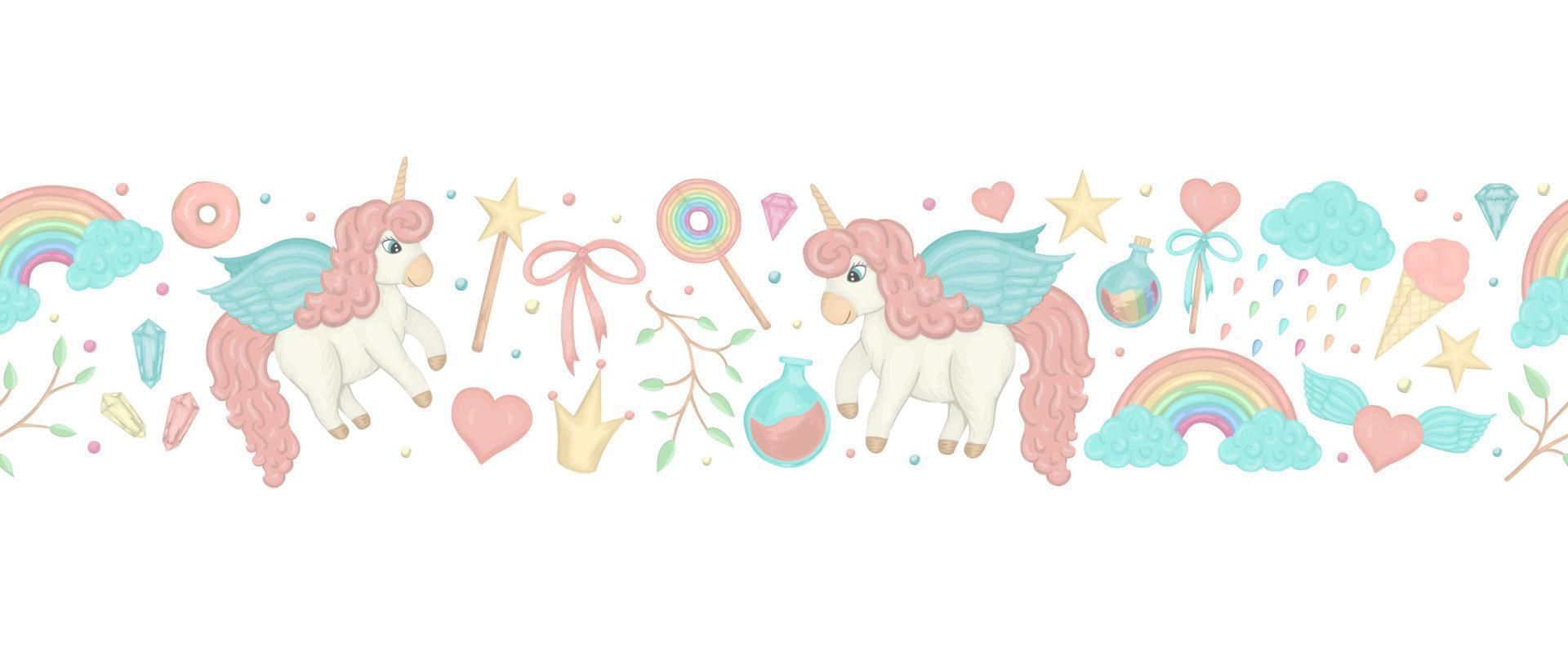 Vector seamless border brush with cute watercolor style unicorns, rainbow, clouds, donuts, crown, crystals, hearts. Sweet girlish illustration. Fairytale repeat background. Good for textile