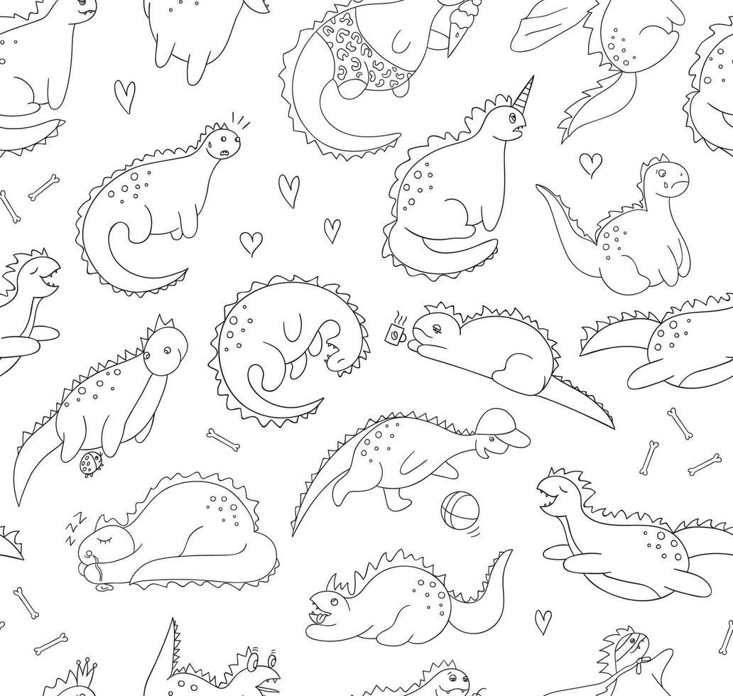 Vector seamless pattern of funny black and white dinosaurs in different poses. Comic dino background in cartoon style. Doodle line drawing of sarcastic reptiles