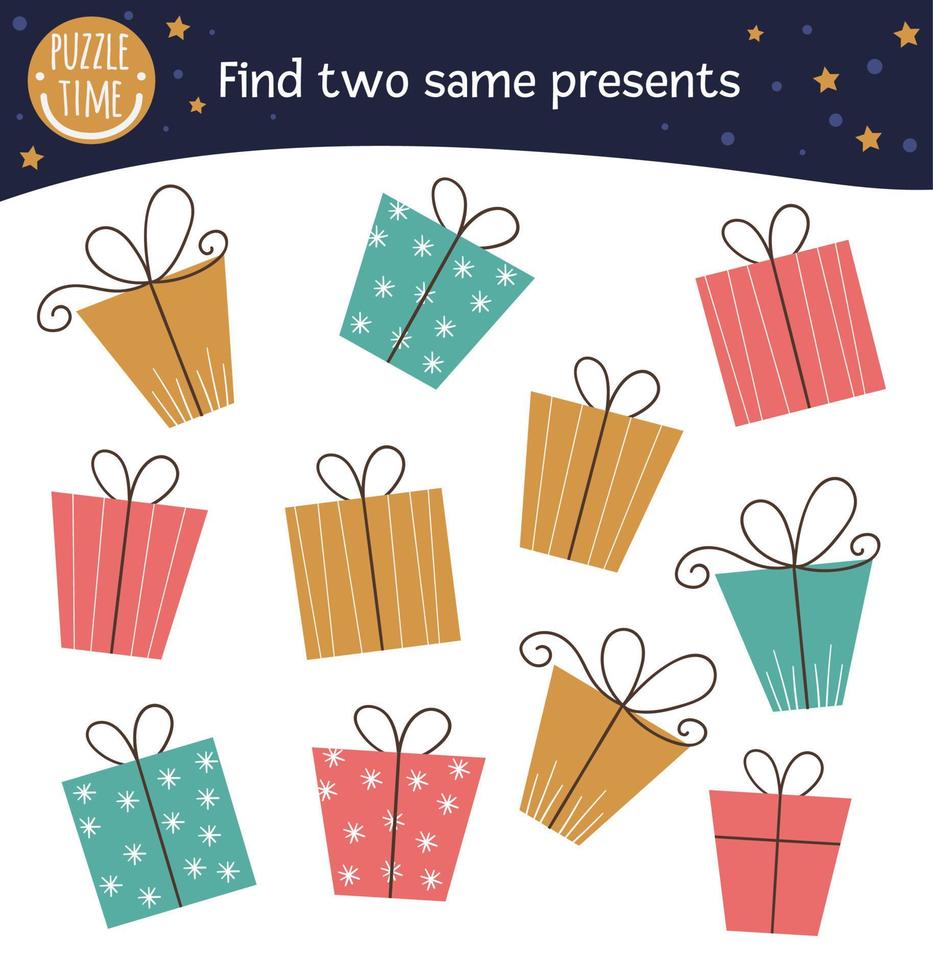 Find two same presents. Holiday matching activity for preschool children. Funny Christmas or Birthday game for kids. Logical quiz worksheet. vector