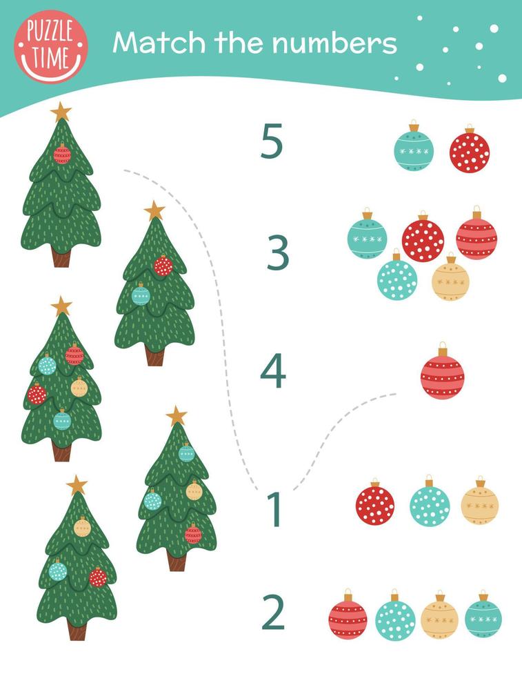 Matching game with Christmas trees and balls. Holiday math activity for preschool children. New Year counting worksheet. Educational riddle with cute funny elements. vector