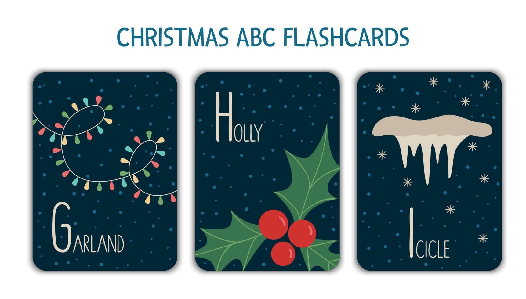 Colorful alphabet letters G, H, I. Phonics flashcard. Cute Christmas themed ABC cards for teaching reading with funny garland, holly, icicle. New Year festive activity. vector