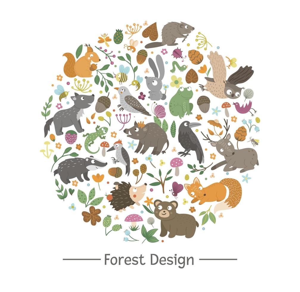 vector marco redondo con animales y elementos del bosque sobre fondo negro. Banner de temática natural enmarcado en círculo. plantilla de tarjeta de bosque divertido lindo.