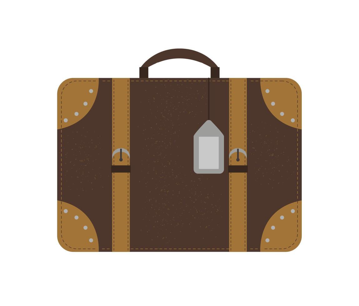 Vector flat illustration of a traveler suitcase. Brown luggage icon with label. Travel object isolated on white background. Vacation infographic element.