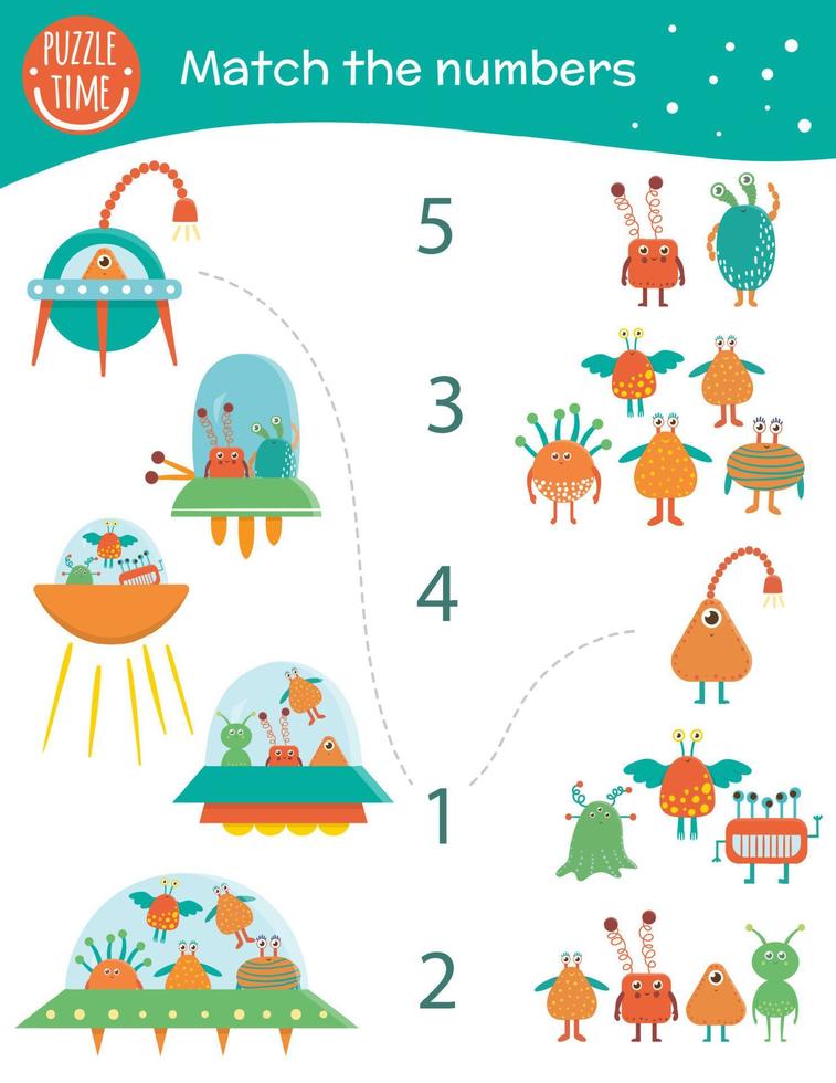 Matching game with aliens and UFOs. Space math activity for preschool children. Counting worksheet. Educational riddle with cute funny characters. vector