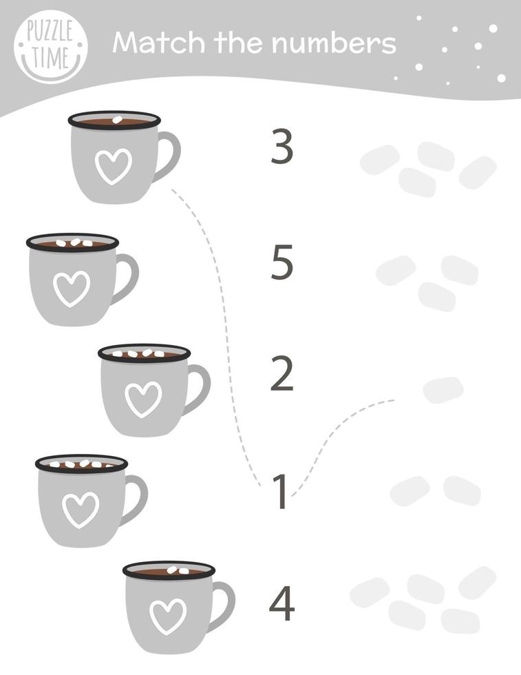 Matching game with cacao cups and marshmallow. Winter math activity for preschool children. Christmas counting worksheet. Educational riddle with cute funny elements. vector
