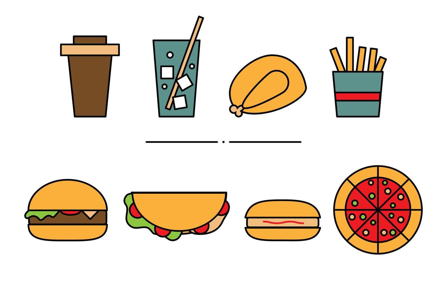 Set of flat geometric fast-food icons. Illustration of colored lemonade, roasted chicken, fries, coffee, pizza, hamburger, hot-dog, burrito isolated on white background vector