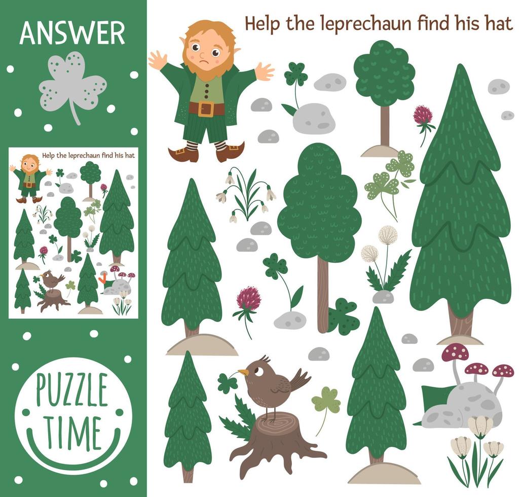 Saint Patrick Day searching game for children with leprechaun in spring forest. Cute funny smiling characters. Find hidden green hat. vector