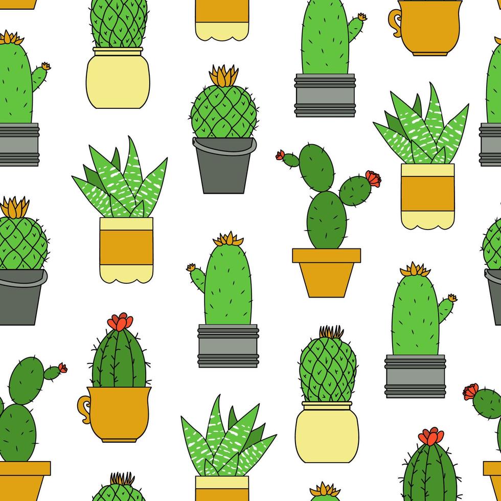 Cacti seamless pattern. Colored cactus repeat background. Vector houseplants icons