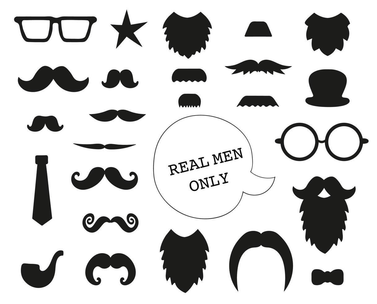 Vector set of mustache, beard, glasses, hat, tie, pipe, bow. Collection of elements for Father Day. Male clip art. Photo booth props