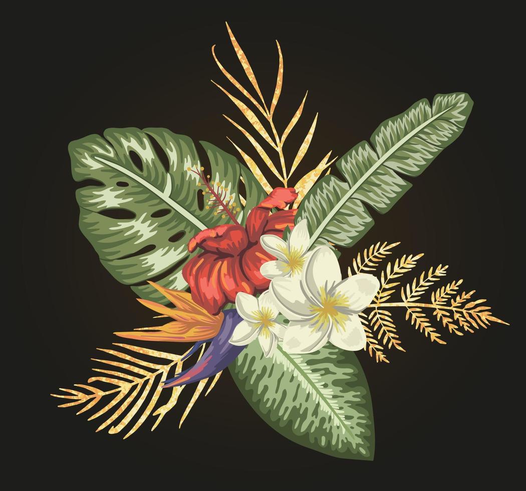 Vector tropical composition of hibiscus,  plumeria,  and strelitzia flowers with golden textured leaves  isolated on white background. Bright realistic watercolor style exotic design elements.