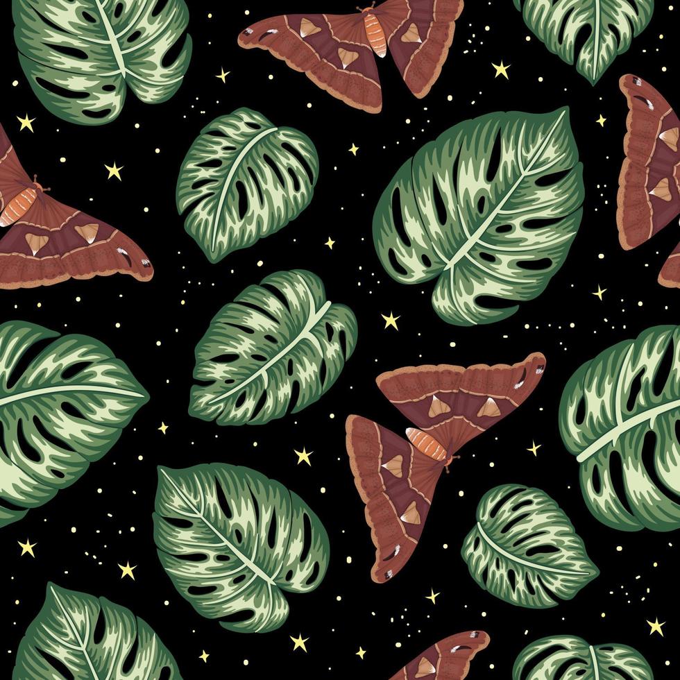 Vector seamless pattern of green monstera leaves with butterflies on black background with stars. Vintage repeat tropical backdrop. Exotic jungle wallpaper. Night sky ornament